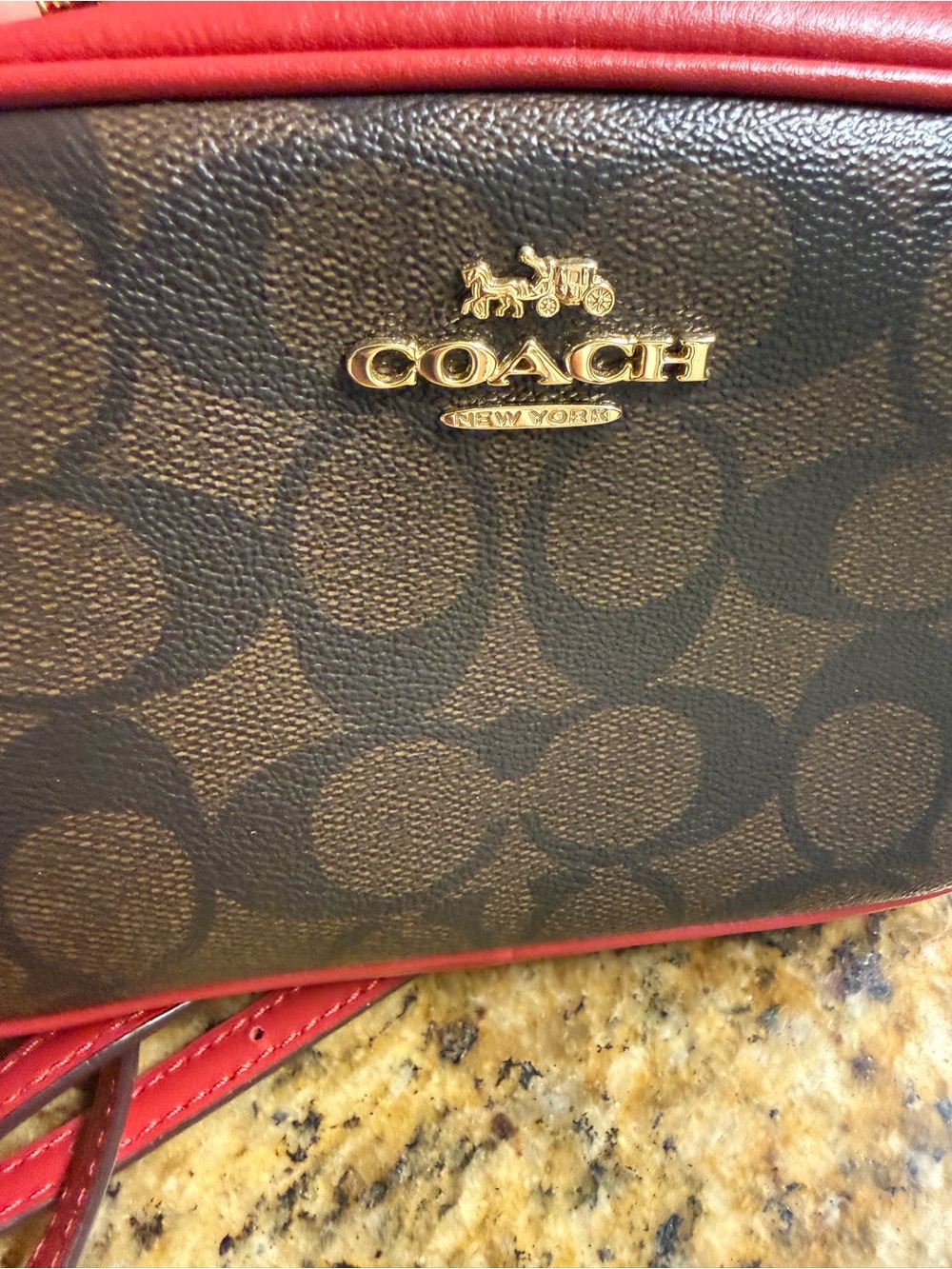 Coach Brown Signature Crossbody with Red Trim